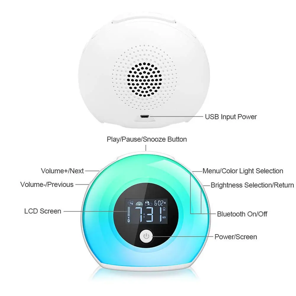 Wake Up Light Bluetooth динамик, настольная лампа будильник, ночная Bluetooth лампа с динамиком, затемняемый теплый и красочный свет