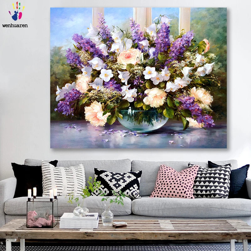 DIY colorings pictures by numbers with colors Floral flower arrangement lavender picture drawing painting framed Home | Дом и сад