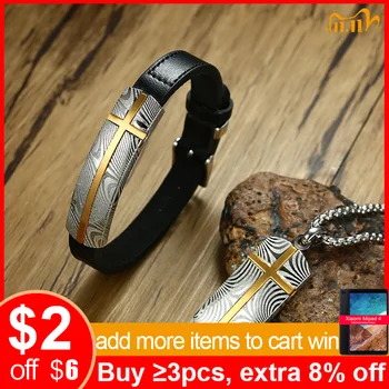 

Vnox Men's Damascus Steel Cross Genuine Leather Bracelet and Necklace Jewelry Sets Brand Top Quality