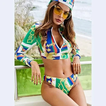 

Sexy Bathing Suits Women Long Sleeve Bikini Set Zipper Swimsuit Print Swimwear Sun Protection Surfing Suit Sexy Bikinis 2020