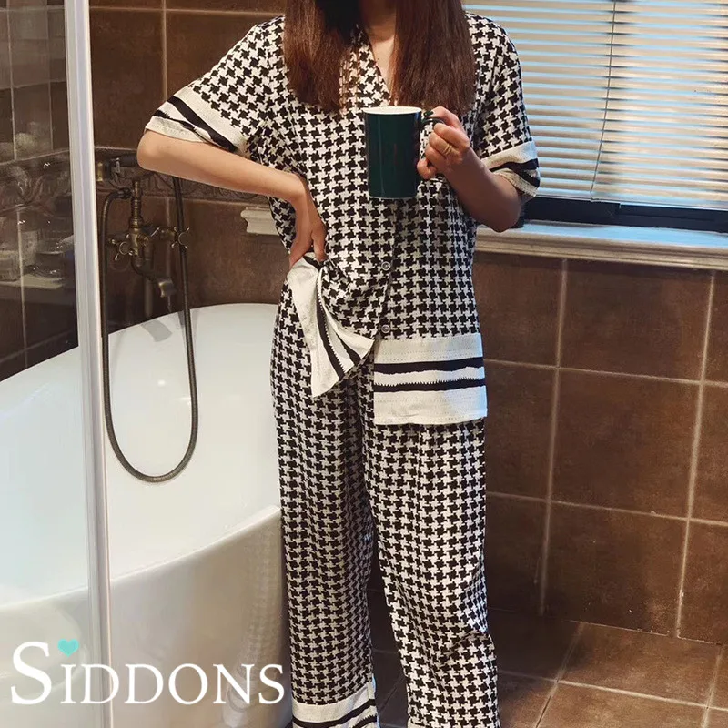

Classical Houndstooth Pyjamas Women 2020 New Summer Pijamas Set Silk Stain Sleepwear Pajamas for Women Pijama Feminino Pyjama