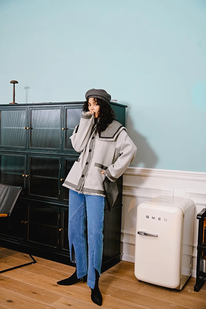 Autumn Original Design Gloria&Grace Gray Patchwork Big Collar Tassel Fashion INSTAGRAM Oversize Loose Coat Jacket Outerwear