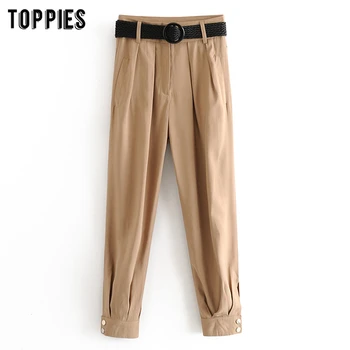 

2020 Khaki leisure belt harem pants high waist pants women korean fashion leisure trousers streetwear