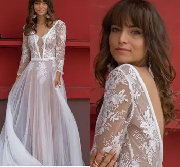 

Bohemian Wedding Dress 2020 A-Line Long Sleeve Backless Lace Appliques White robe de mariage Sexy V-Neck Bridal Gowns Boho