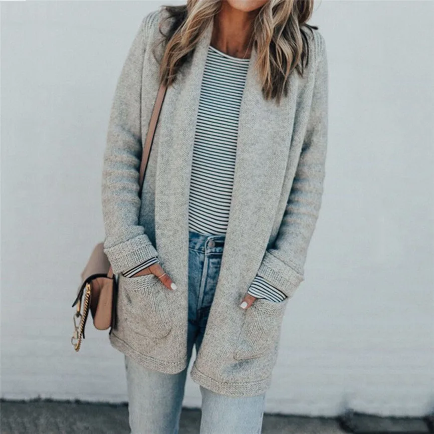 

Female Cardigan Fall 2019 Sweater Casual Long Sleeve Pocket Solid Sweater Knitted Cardigan Blouse Tops Chompas Para Mujer
