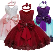 Рождественские платья для маленьких девочек вечерние кружевные платья принцессы для маленьких девочек, детская одежда детское платье для девочек возрастом от 12 месяцев, От 2 до 5 лет платье с головной повязкой