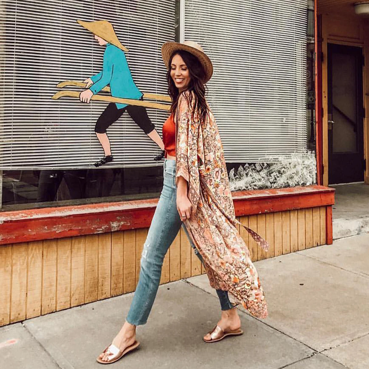 Kiyumi Boho Dress Women Floral Print Robe Kimono Summer New Long Sleeves V-neck Cardigan Vintage Kimono Casual Beach Kimono