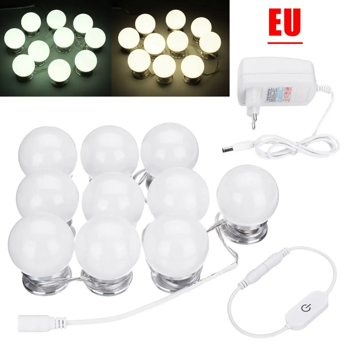

10pcs Dimmable Makeup Mirror Vanity LED Light Bulbs Decorative Lamp For Dressing Table with EU Power Supply Adapter