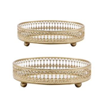 

Golden Iron Jewelry Storage Tray Glass Mirror Makeup Manager Desktop Cosmetic Dessert Decorative Display Tray