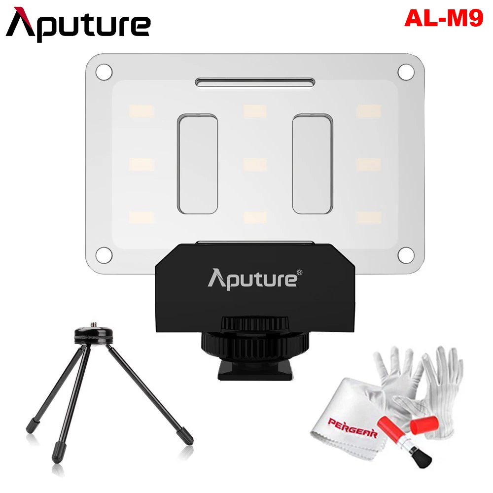 Aputure Amaran AL-M9 CRI95+ Mini LED Video Light On-Camera Fill Light with Mini Tripod Light Stand and Pergear Cleaning Kit