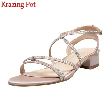 

Krazing pot natural leather bling peep toe high heels shoes women rhinestone decorations narrow band fashion summer sandals L71