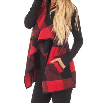 

Autumn Office Ladies Vest Sleeveless Turn Down Neck Open Front Jacket Check Plaid Cardigan Casual Women Long Waistcoat