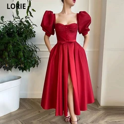 LORIE Elegant Red Short Prom Dresses Puff Sleeves Front Slit Buttoned Prom Gowns with Pockets Tea-Length Wedding Party Dresses