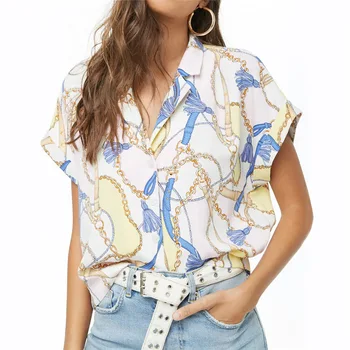 

Women Summer Blouses Shirts 2020 Chain Print Batwing Short Sleeve Chiffon V-Neck Ladies Office Shirt Casual Loose Tops
