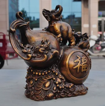 

christmas Old Chinese Fengshui bronze Wealth Golden Toad Auspicious Elephant Gourd statue halloween