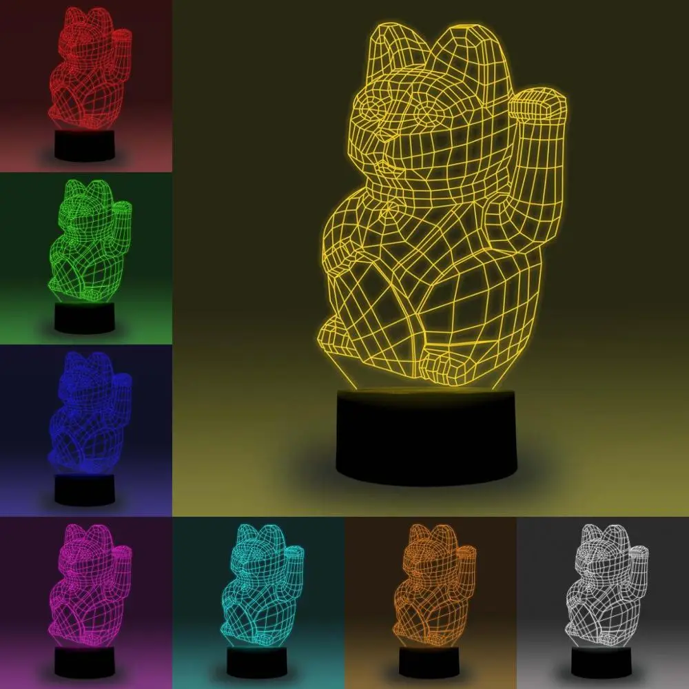 NiteApps 3D Манеки Неко/Счастливый Кот RGB светодиодный ночник настольная лампа иллюзия Лампа подарок на день рождения приложение/сенсорный