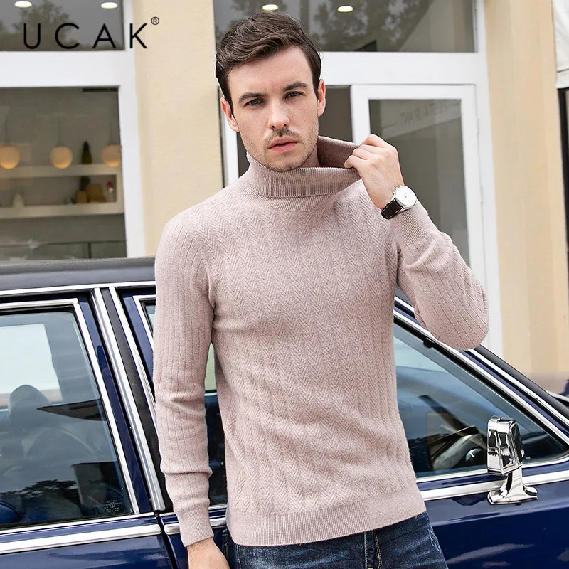 Hot Product UCAK Brand Sweater Male 2019 Thick Warm Turtleneck Pure Merino Wool Casual Striped Pull Homme Cashmere Fashion Sweaters U3095