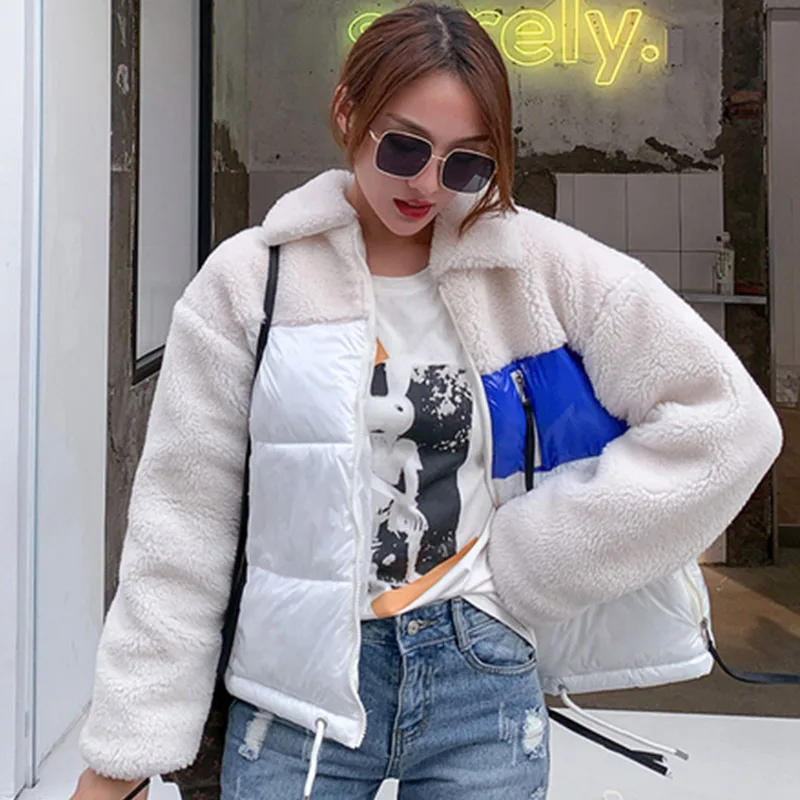 Winter Faux Fur Women's Cotton Coats Patchwork Warm Female Coat Short Plush Long Sleeve Turn-down Collar Ladies Jacket