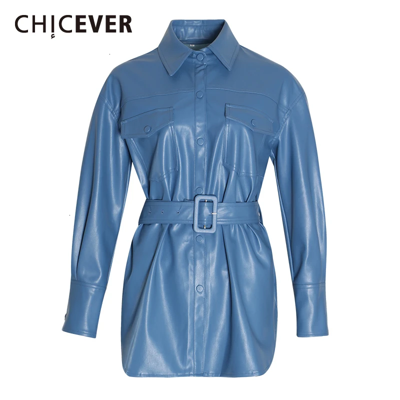 Женская куртка из ПУ кожи CHICEVER осенняя с отложным воротником длинными рукавами и