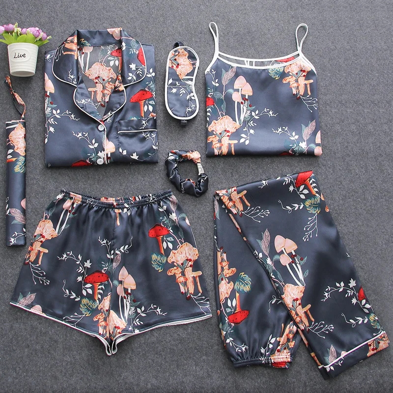 

Women's Pajamas Long-Sleeved Thin Viscose Fiber Sexy Sling Seven Pieces Simulation Silk Student Leisure Tops Sleepwear