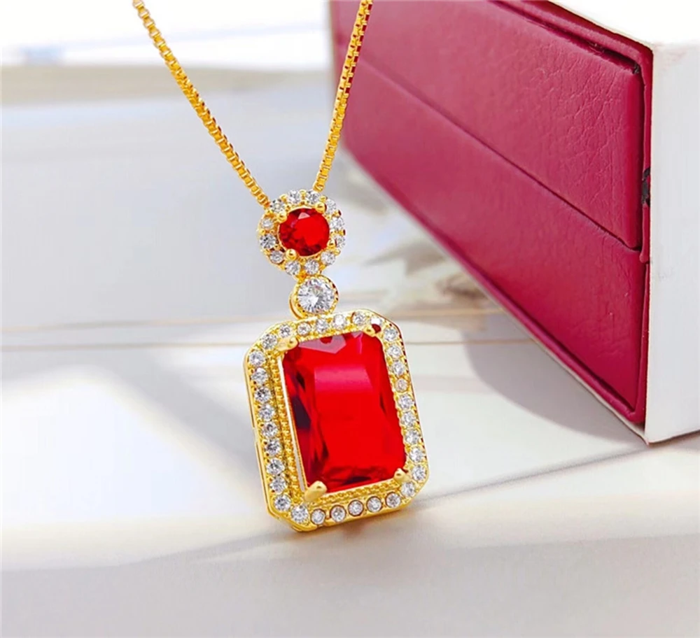 

Square Cut Red Zircon Inlaid Shiny Pendant Chain Necklace Yellow Gold Filled Pretty Women Men Jewelry