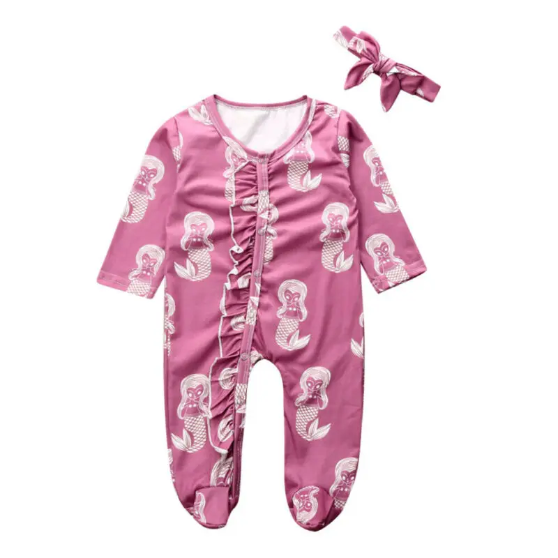 0-18M Cute Newborn Baby Girl Long Sleeve Mermaid Print Baby Romper Jumpsuit Playsuit Headband 2PCS Outfits Baby Clothes