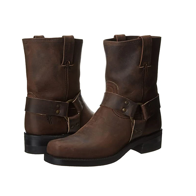Mens Leather Boots Motorcycle Leather Boots Men Winter Vintage PU Warm Shoes Belt Buckle Ring High Top Motorcycle Boots Men Fashion Trend Casual Square Toe Slip On Mid-Calf