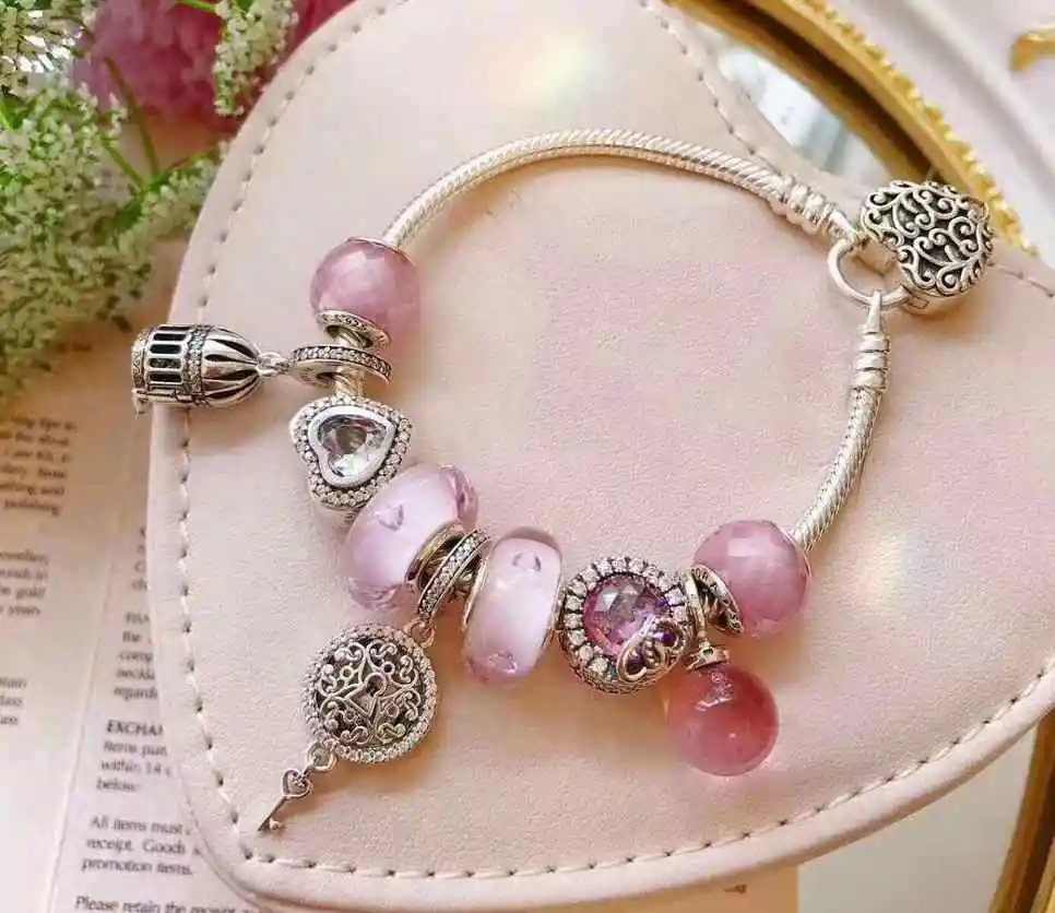 

Keris Shop High Quality 1:1 100%925 Sterling Silver Pink Glaze Beads Bracelet Free Shipping
