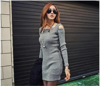 

summer dress 2020 Women Crew Neck Long Sleeve Knit Knitwear Short Mini Dress Black Gray Shoulder Opening Fashion Dress