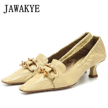 

Kitten Heel Chain Shoes Elegant Square Toe Office Ladies Comfort High Heels Spring Single Shoes Women Wrinkle Leather Pumps