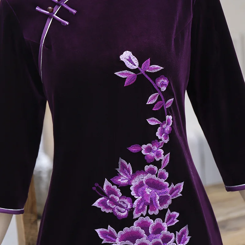 Пикантные женские велюровые Длинные Cheongsam Осень Зима традиционное китайское стильное платье Qipao тонкие Вечерние платья на пуговицах Vestido M-4XL