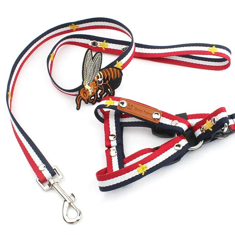 

Pupply Dog Harness Leash 2pcs Sets Fashion Bee Embroidery Teddy Collar Dog Walking Rope Chain For Small Dogs Puppy