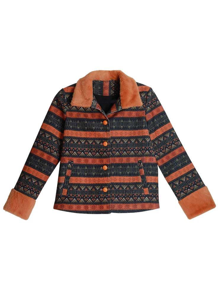 Free Shipping Coat For Women National Outerwear Long Sleeve High Quality Turn Down Collar Print Jacket Single Breasted