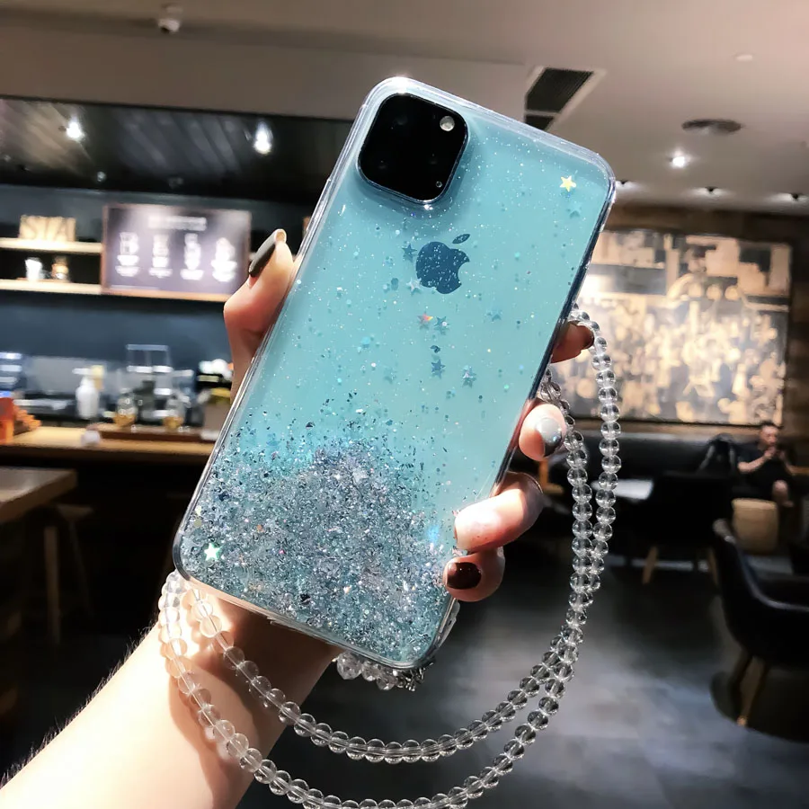 XingKong-Blue Мягкий чехол из ТПУ с блестящими звездами и блестками для iPhone 11 Por X Xr Xs Max 6 6s 7 8 Plus, чехол с ремешком на шею и цепочкой для переноски - Цвет: XingKong-Blue