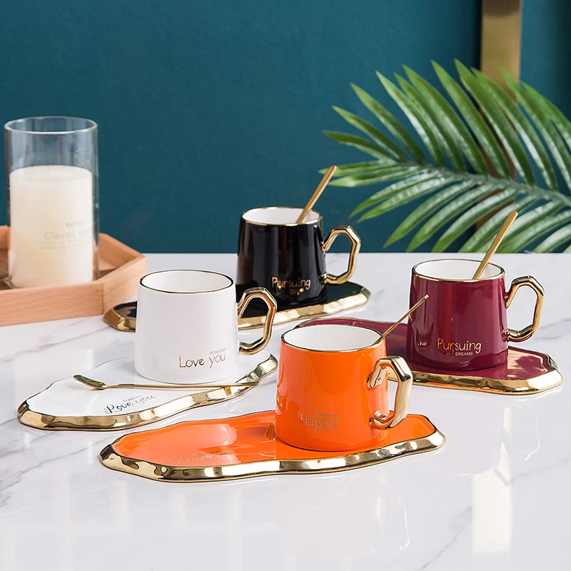 

Luxury Gold Rim Ceramic Coffee Cup And Saucer With Spoon Afternoon Tea Cup With Dessert Plate Breakfast Milk Juice Mug Porcelain