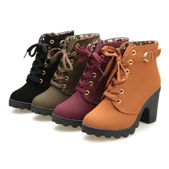 

Boots Women Shoes Women Fashion High Heel Lace Up Ankle Boots Ladies Buckle Platform Artificial Leather Shoes