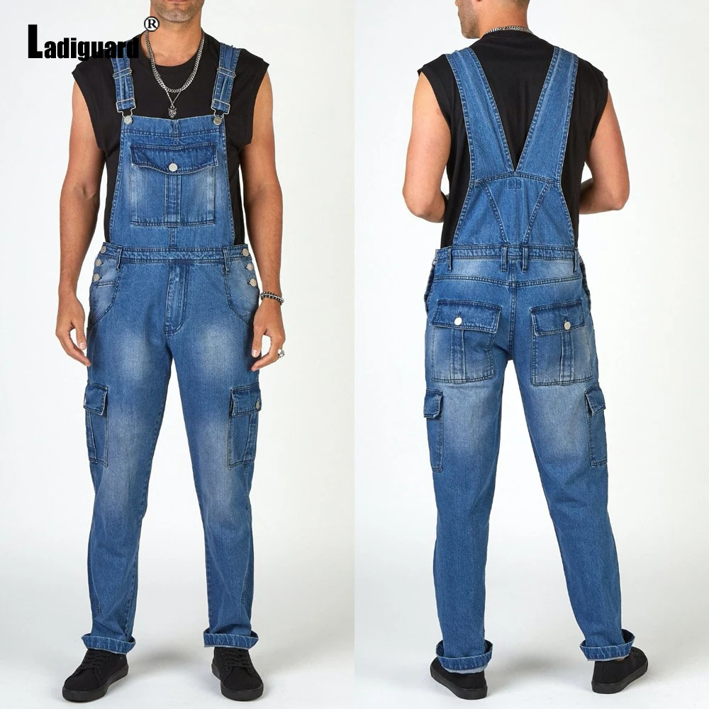 LadiguarPlus Size Denim Pant Jumpsuit Mens Overalls Casual Skinny Romper Stand Pockets Overall 2022 European Style Fashion Jeans