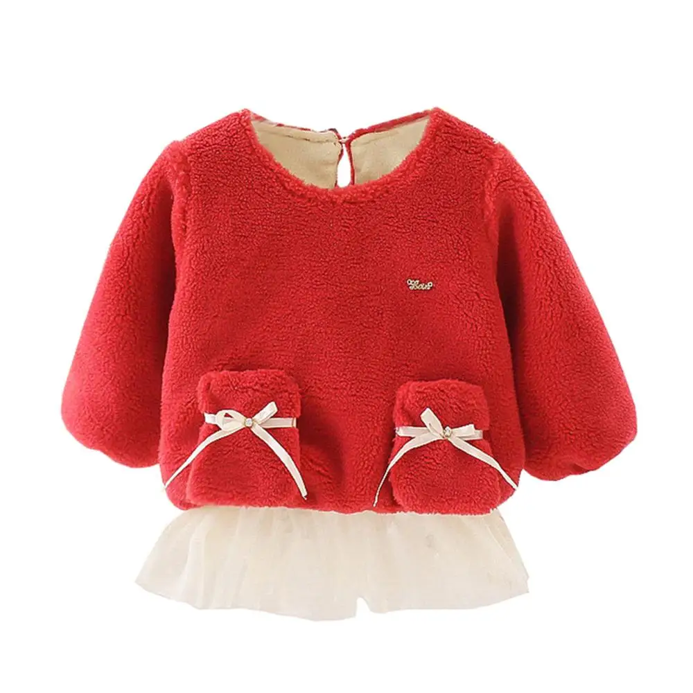red dress Толстовка для маленьких девочек футболка для девочек милые повседневные плотные толстовки с длинными рукавами и буфами осенне-зимняя хлопковая одежда для детей одежда для малышей - Цвет: red dress