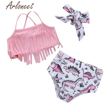 

ARLONEET Swimwear Baby Girl Two Piece Swimsuit Summer Dinosaur Swimsuit Tassel Bow Headband Girls Bikini Outfits Bathing Suit