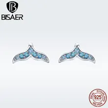 BISAER, 925 пробы, серебряные, синие серьги-гвоздики с кубическим цирконием в виде русалки для женщин, модные ювелирные изделия для девочек, крошечные серьги Birncos GAE058