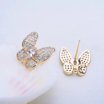 

2PCS 15 MM 24K Gold Color Brass with Zircon Butterfly Shaped Stud Earrings High Quality Jewelry Accessories