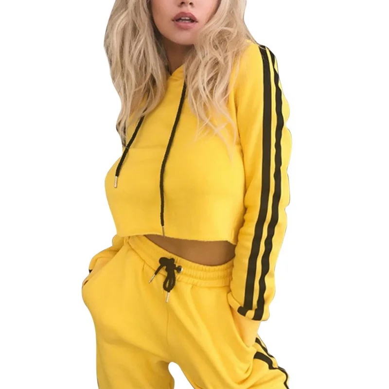 

LITTHING Tracksuit 2pcs Women Set Hoodies Crop Top Sweatshirt Side Stripe Pants Hooded Sets Women Clothing Suits Female