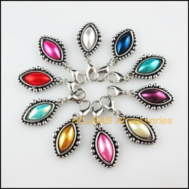 

10 New Oval Eye Flower Charms Acrylic Mixed Retro With Lobster Claw Clasps Tibetan Silver Plated Pendants