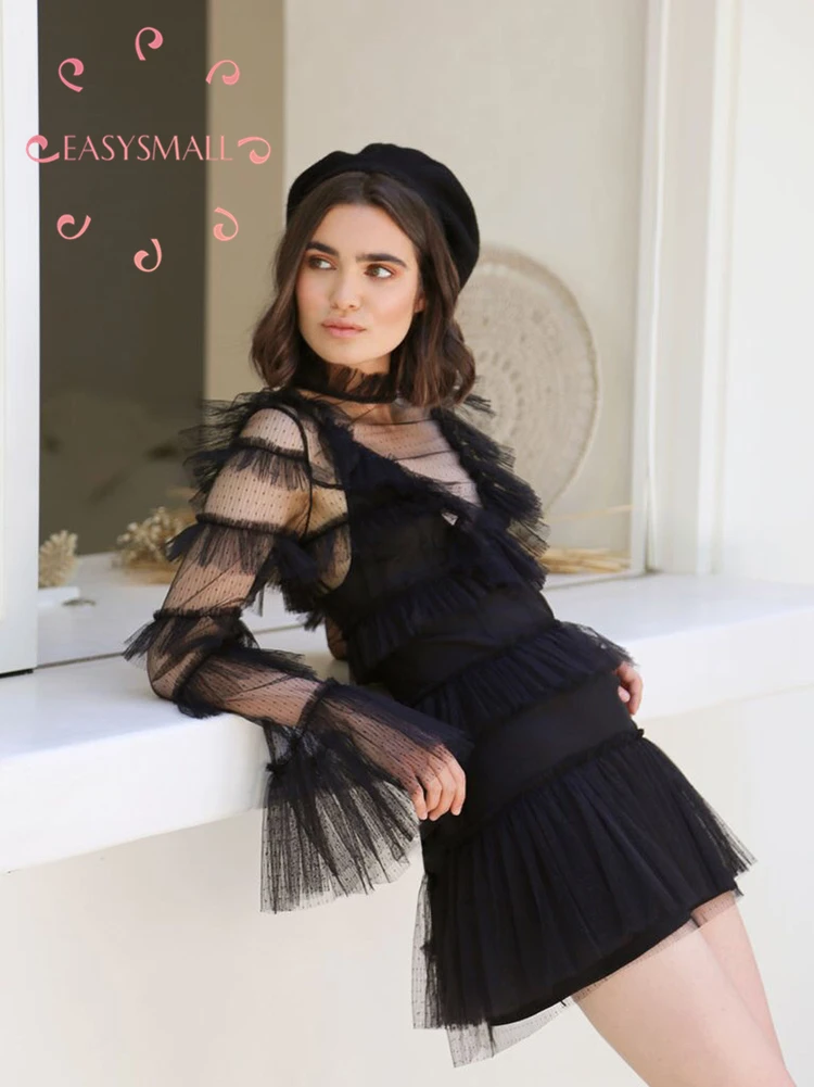 EASYSMALL, женское весеннее платье, модное, черное, сексуальное, высокого класса, Vestidos, вечерние, повседневные, с высокой талией, с длинным рукавом, короткие платья
