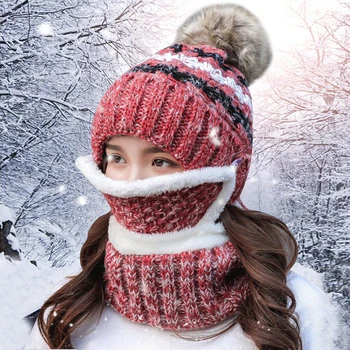

2020 New Fashion Women Winter Hat Bib Mask 3Pcs Warm Cycling Caps Korean Student Wool Hat Scarf set Female Winter Knitted Hat