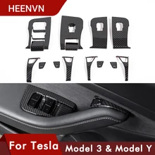 Heenv n – panneau de commande de fenêtre de voiture, garniture de bouton de couverture pour Tesla Model 3 2021, accessoires en Fiber de carbone ABS pour Tesla Model Y