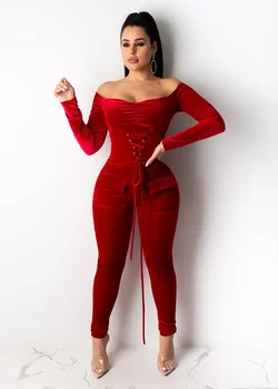 

Newest Velvet Women Jumpsuits Lace up Waist Pockets Long Sleeves Slash Neck Long Rompers Sexy Party Jumpsuits 2020