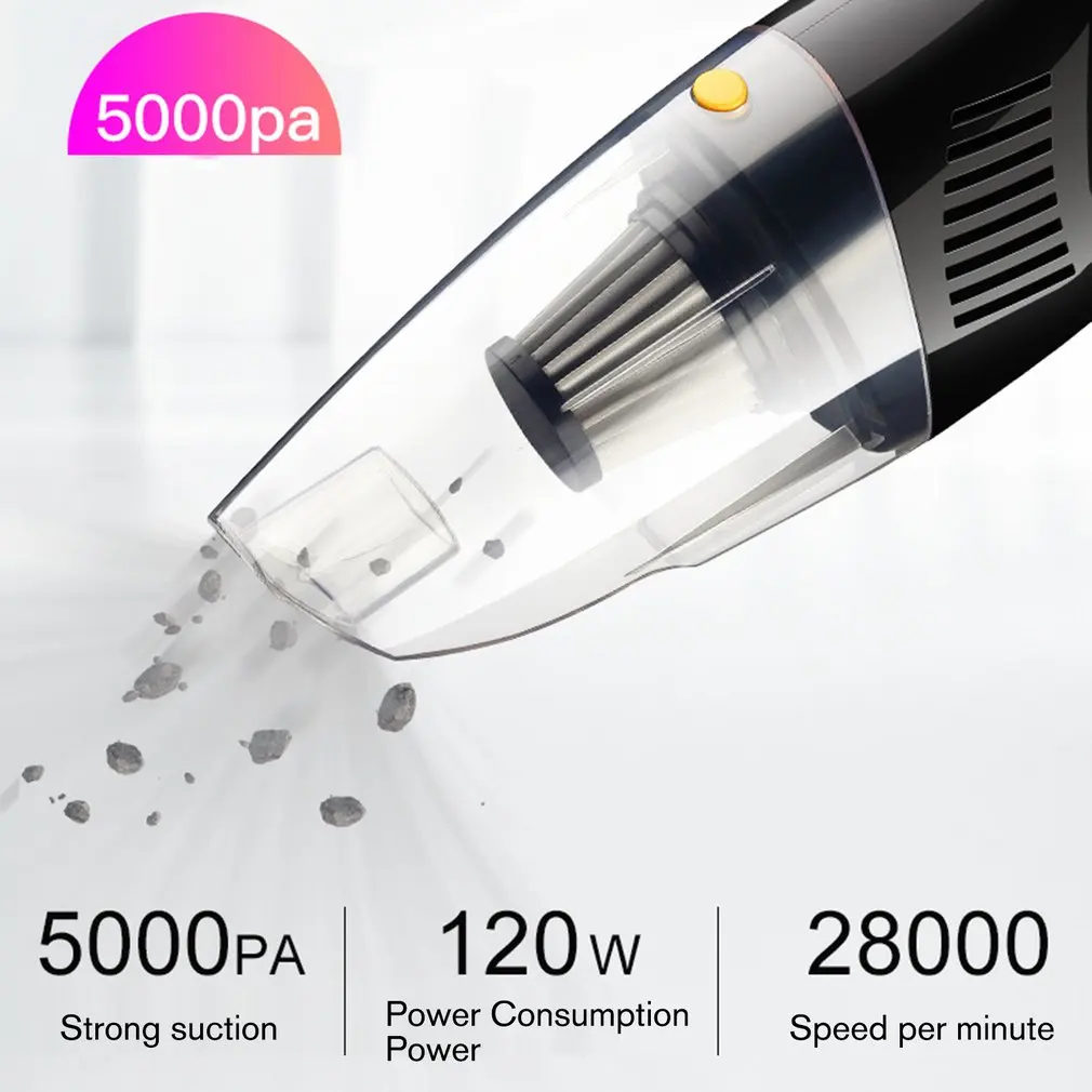 5000PA Strong Suction Power Car Vacuum Cleaner Filter DC 12Volt 120W USB Charging Dual Battery with Night lighting