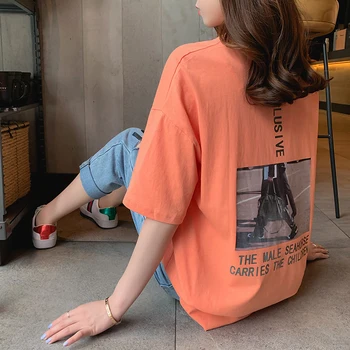 

100% Cotton Short Sleeve T-shirt Women's 2020 New Style Loose-Fit Pure Cotton Mid-length Bottom Missing Tops Summer 7733