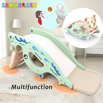 

Baby Slides Toys Rocking Horse Amusement Park Equipment Indoor Multifunction 4 In 1 Slide Ride Horse Basketball Hoop Shoot Gift